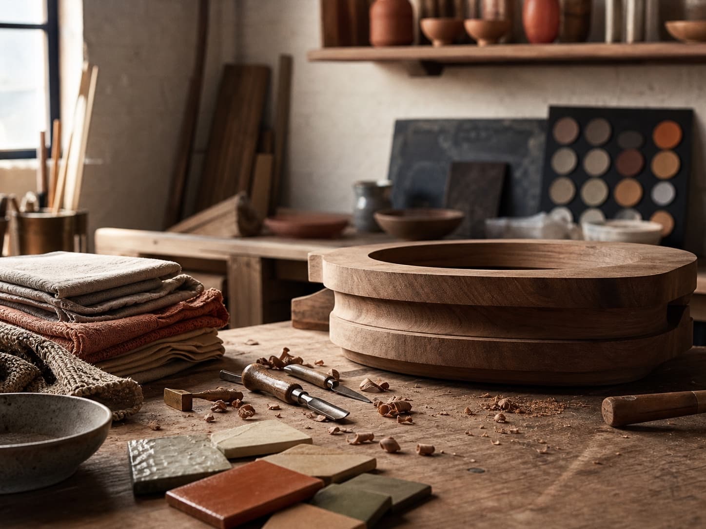 A craftsperson and visitor studying fabric at a worktable.