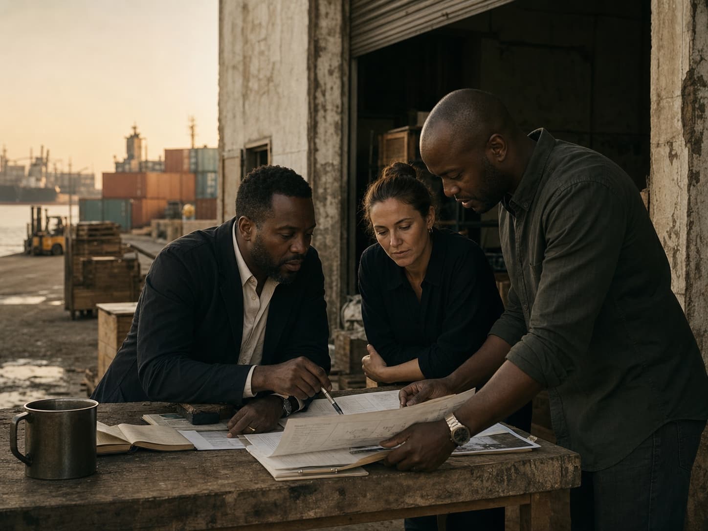 A local team reviewing plans beside a port.